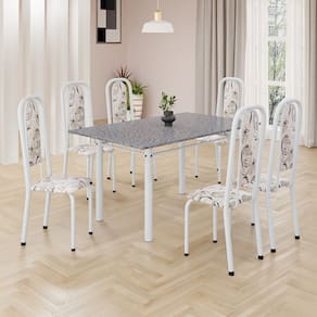 Conjunto de Mesa Retangular 140x75cm Tampo Granito Ocre 6 Cadeiras Lavínea Arabesco/ Branco