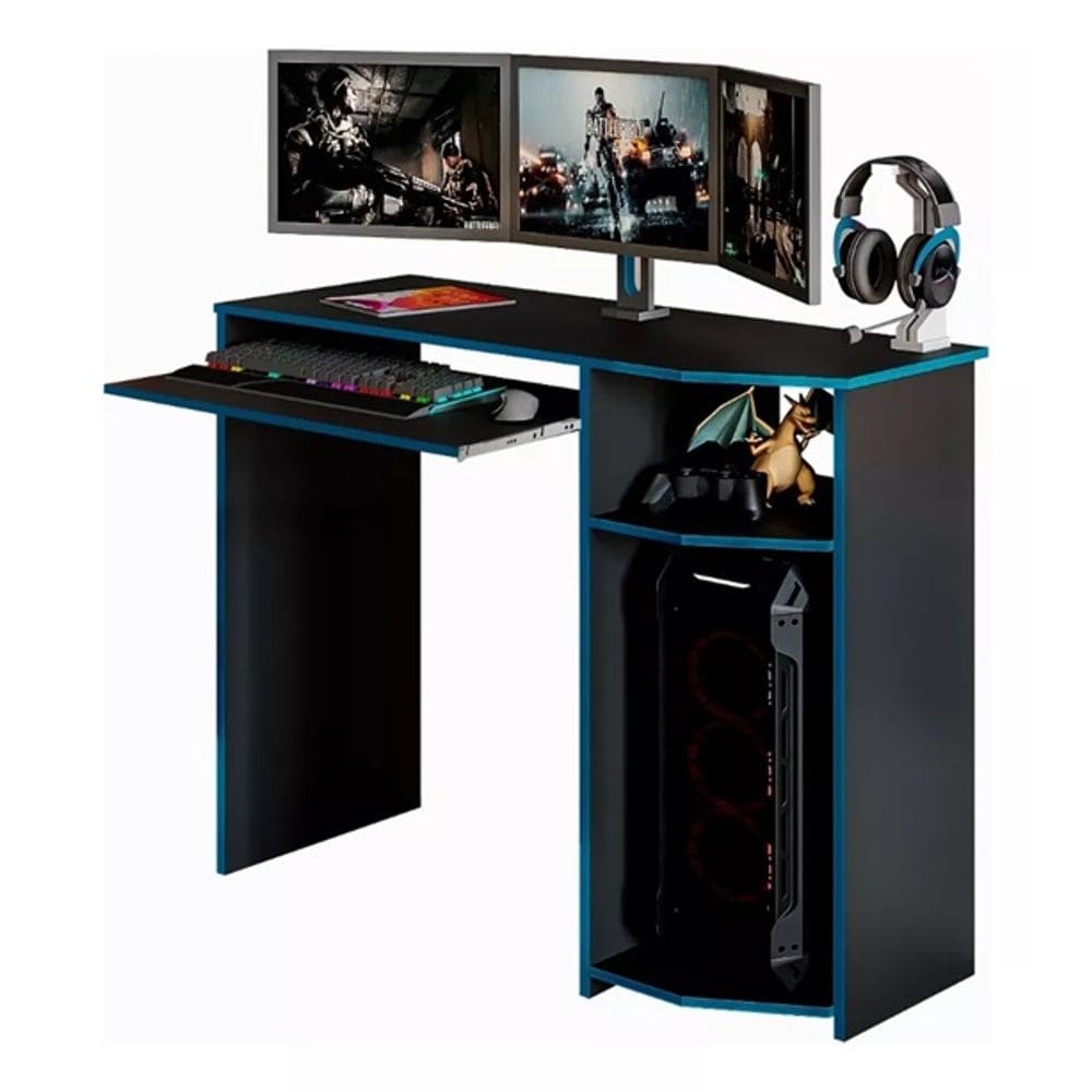 Mesa Escrivaninha Gamer Para Computador e Notebook Preto Com Azul