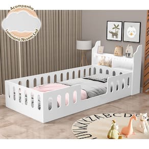 Cama Infantil Montessoriana Helo Solteiro Kit  Nicho e Led Branca Acompanha Luminária Nuvem