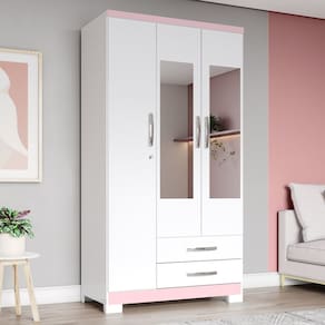 Guarda-Roupa 3 Portas 2 Gavetas com Espelho Açaí Branco/Rosa Chá