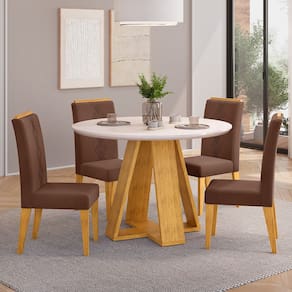 Mesa de Jantar Redonda kiara 103cm com 04 Cadeiras Yasmin Cedro Off White Veludo Moca