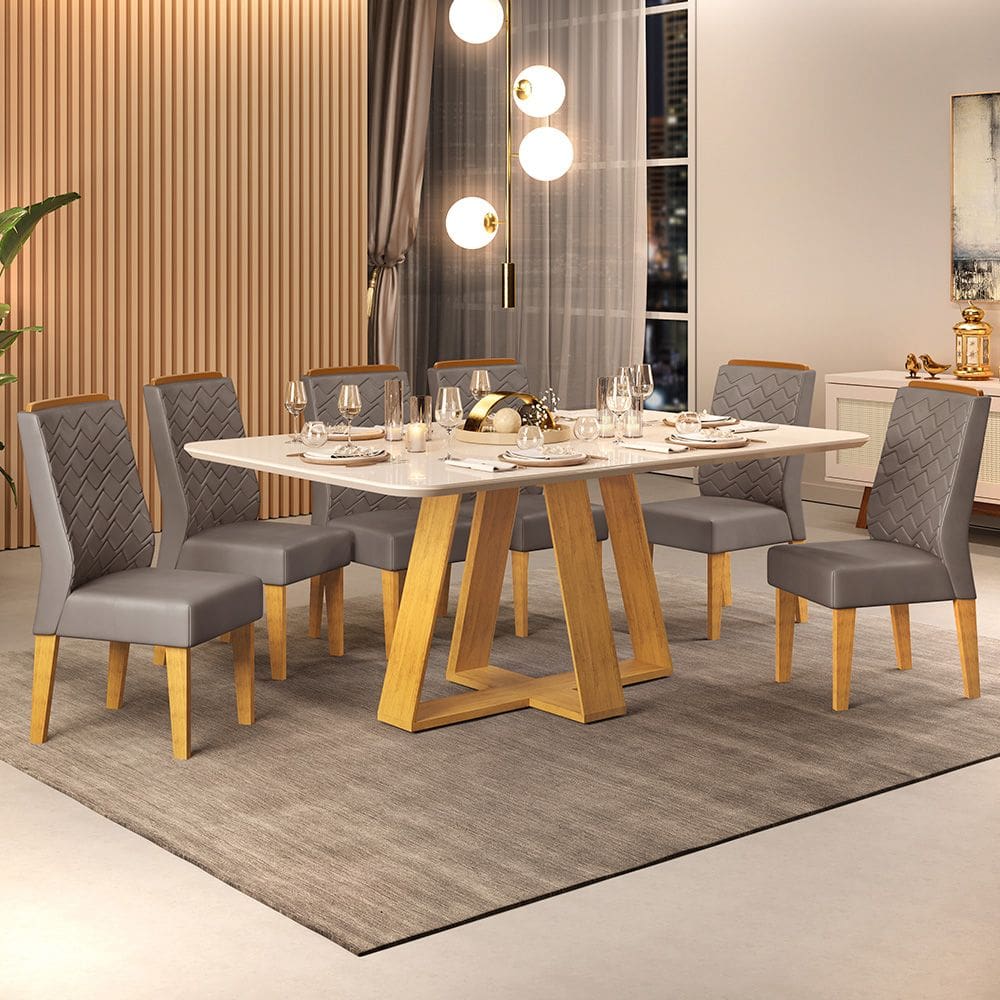 Mesa de Jantar Kiara 160x90 com 06 Cadeiras Lídia Cedro Off White Veludo Lunar DJ Móveis