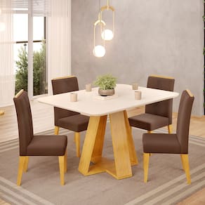 Mesa de Jantar Kiara 120x90 com 04 Cadeiras Yasmin Cedro Off White Veludo Moca DJ Móveis