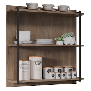 Prateleira Industrial Cozinha Tripla com Painel Flora M24 Freijó - Mpozenato