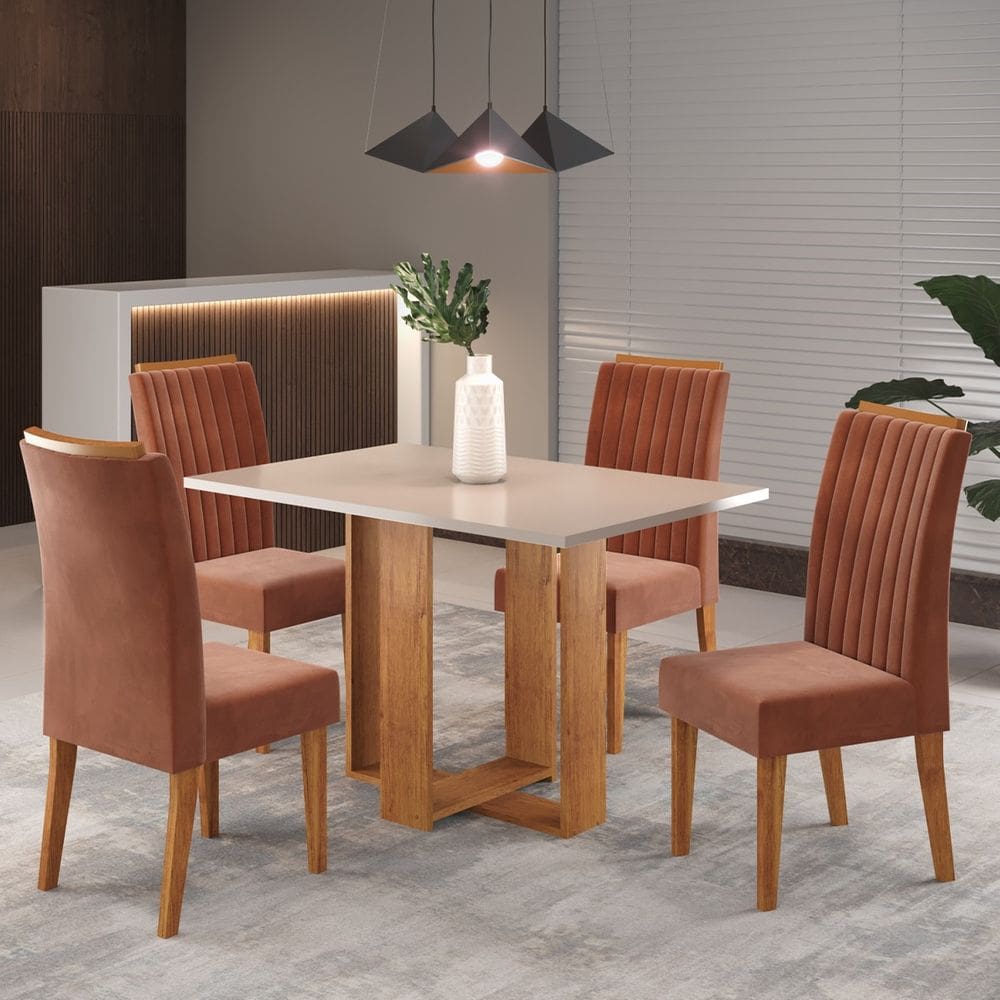 Mesa de Jantar Retangular Iluminata Com 4 cadeiras Fran Cobre/Blonde/Terracota - Casa Giulia