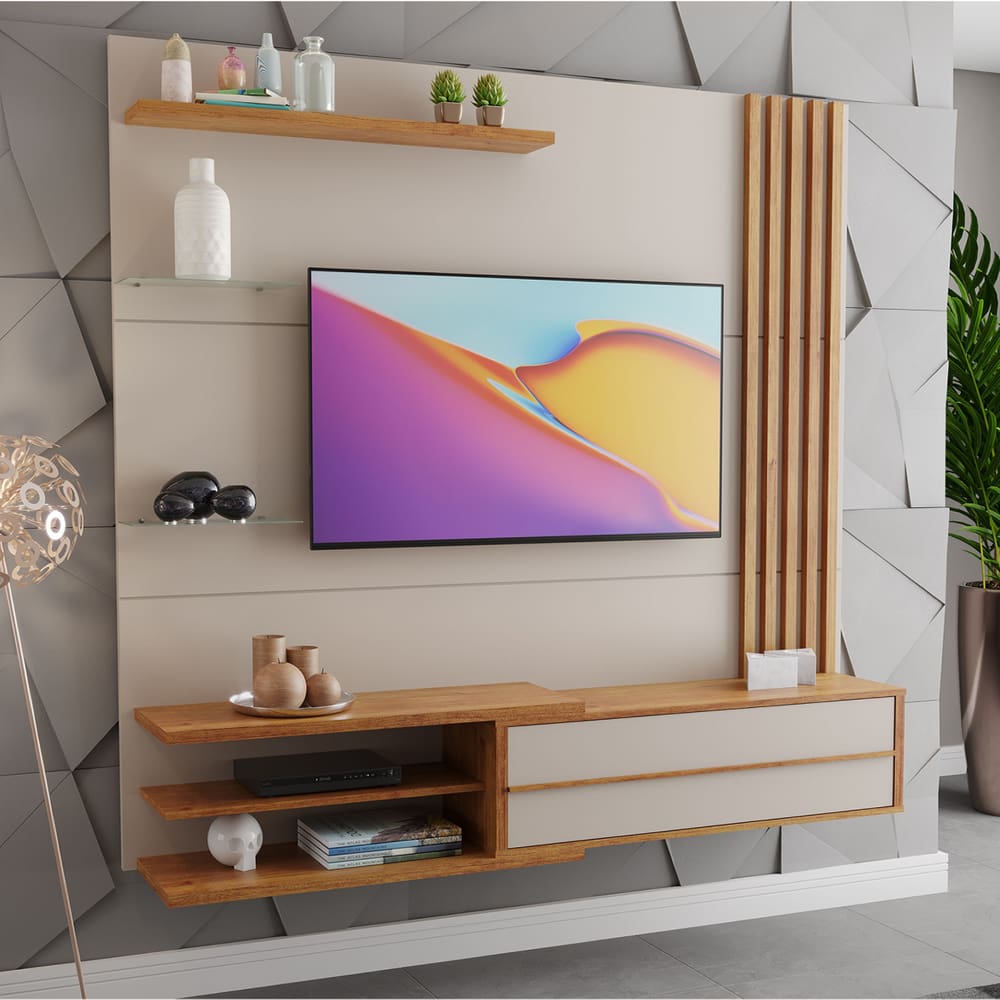 Painel para TV até 60 Polegadas Armani com ripado 1 Porta 4 prateleiras Off White/Cobre - Casa Giulia