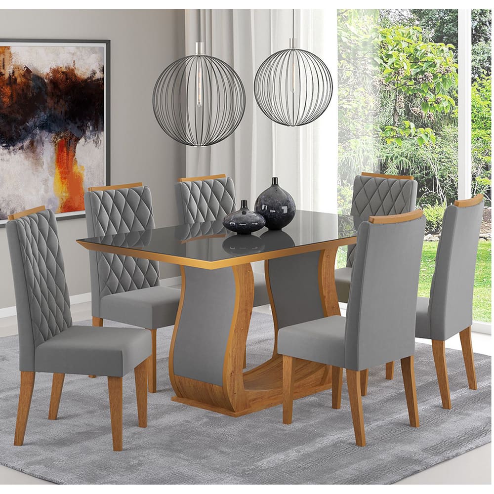 Mesa de Jantar Retangular Amarilla Com 6 Cadeiras Iza Cobre/Cinza/Vd Grafite - Casa Giulia