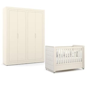Berço Americano com Capitonê New Boucle e Guarda Roupa Tutto New 4 Portas Off White - Matic