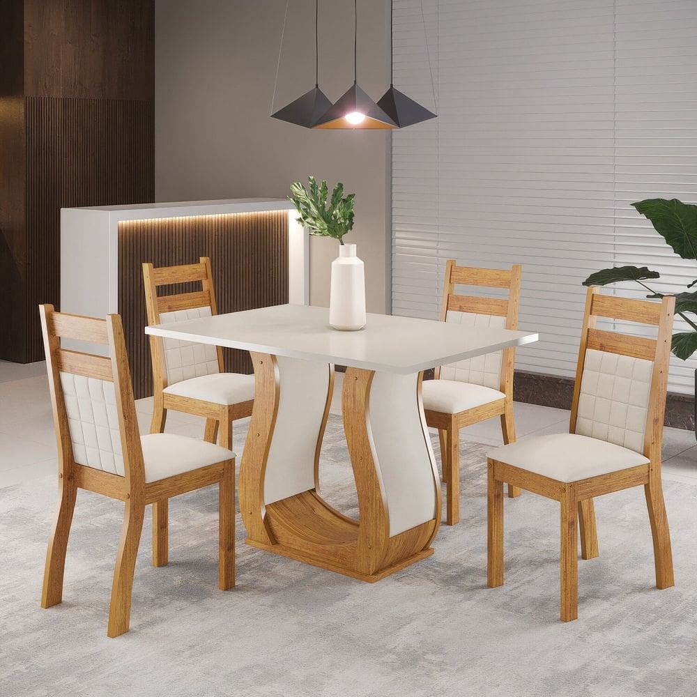 Mesa de Jantar Retangular Vic 120x80cm com 4 Cadeiras Sicilia Mel/ Blonde/ Marfim
