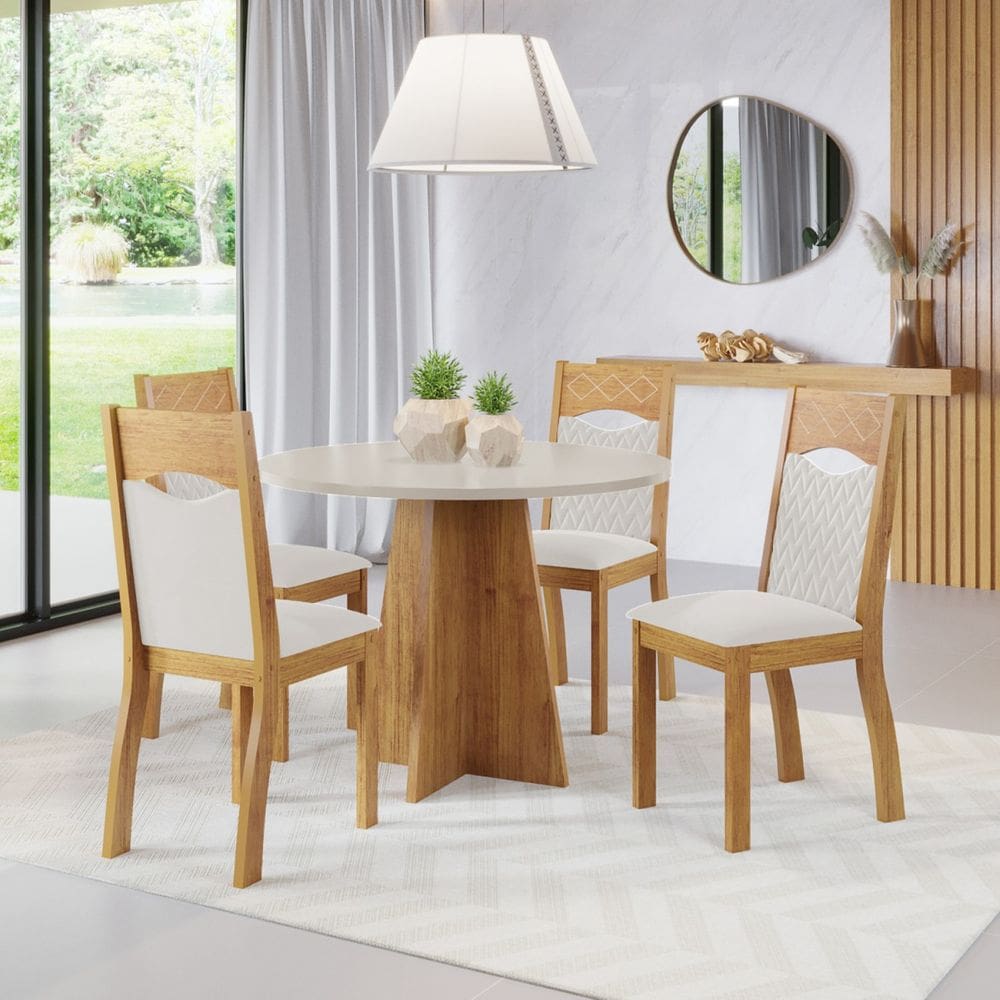 Mesa de Jantar Redonda Montague Com 4 Cadeiras Pietra Cobre/Blonde/V.marfim - Casa Giulia