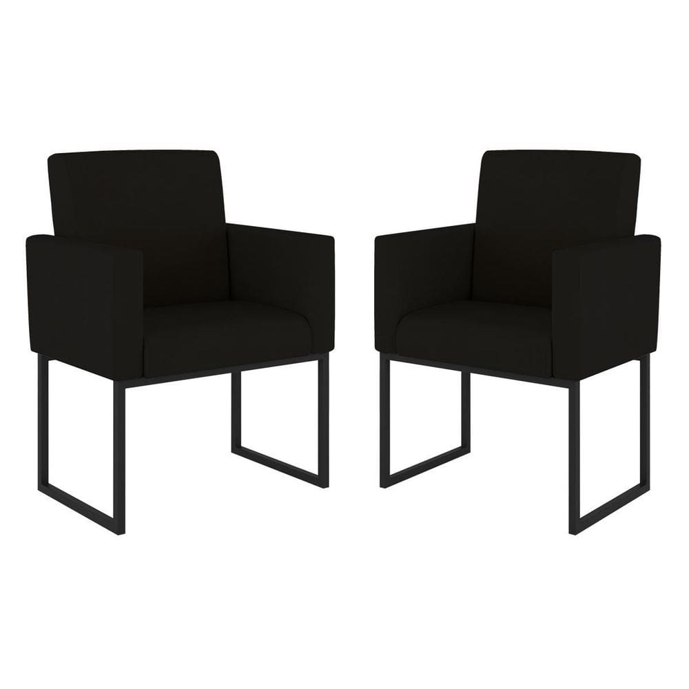 Kit 02 Poltrona Cadeira Decorativa Recepção Base Ferro Preto