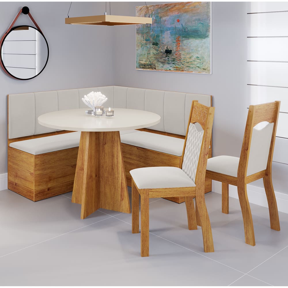 Canto Bau com Mesa Redonda Uriah Com 2 Cadeiras Pietra Cobre/Blonde/Marfim - Casa Giulia