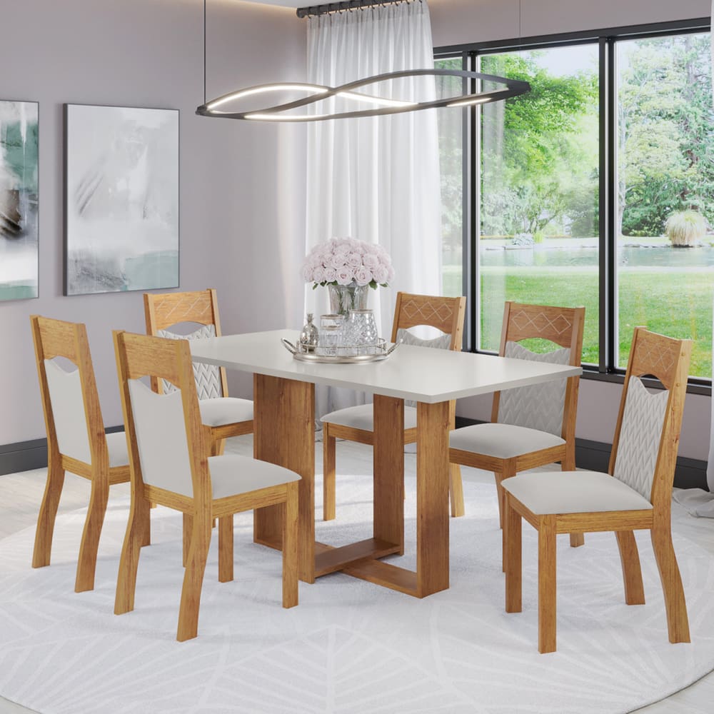 Mesa de Jantar Retangular Ayron Com 6 Cadeiras Pietra Cobre/Blonde/Marfim - Casa Giulia