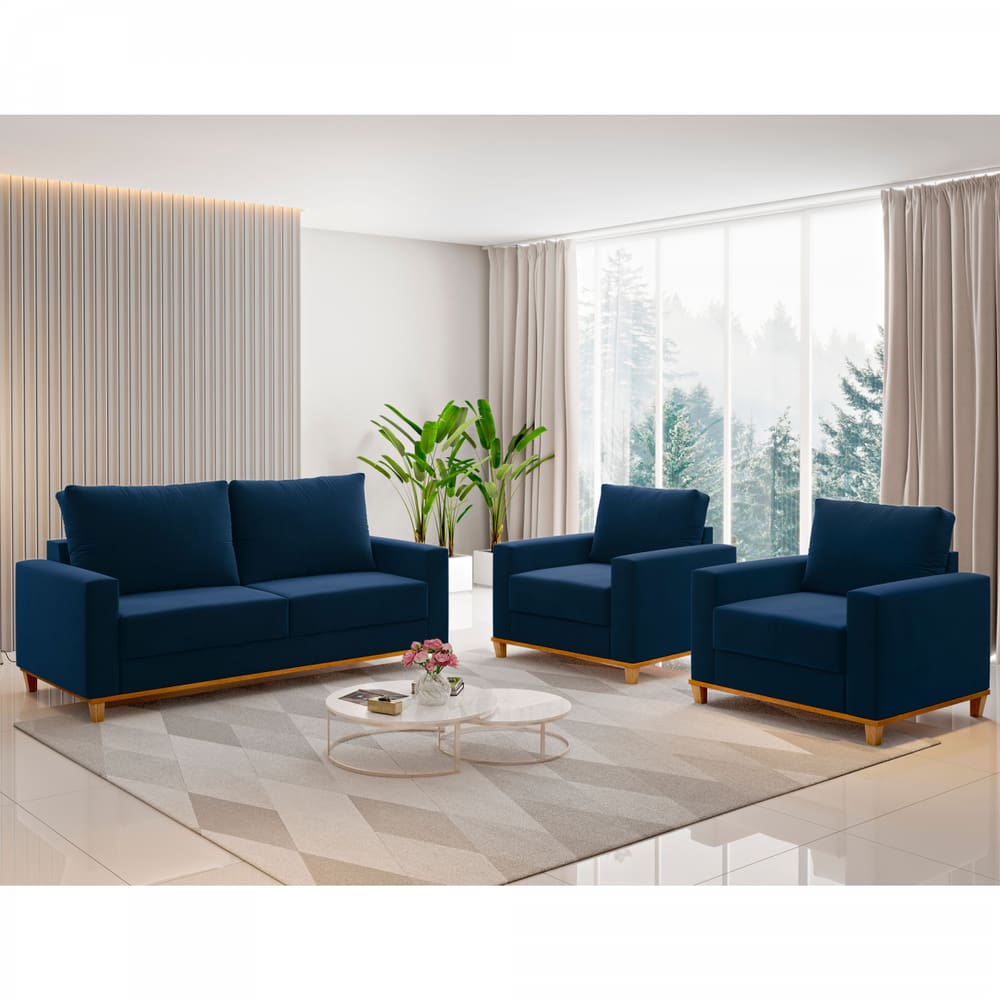 Conjunto Estofado Living e 2 Poltronas Napoles Azul - Casa Giulia
