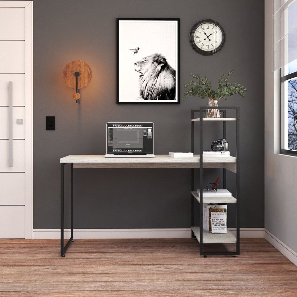 Escrivaninha com Estante Alta Estilo Industrial 135cm com 03 Prateleiras Dynamica Yescasa Snow / Preto