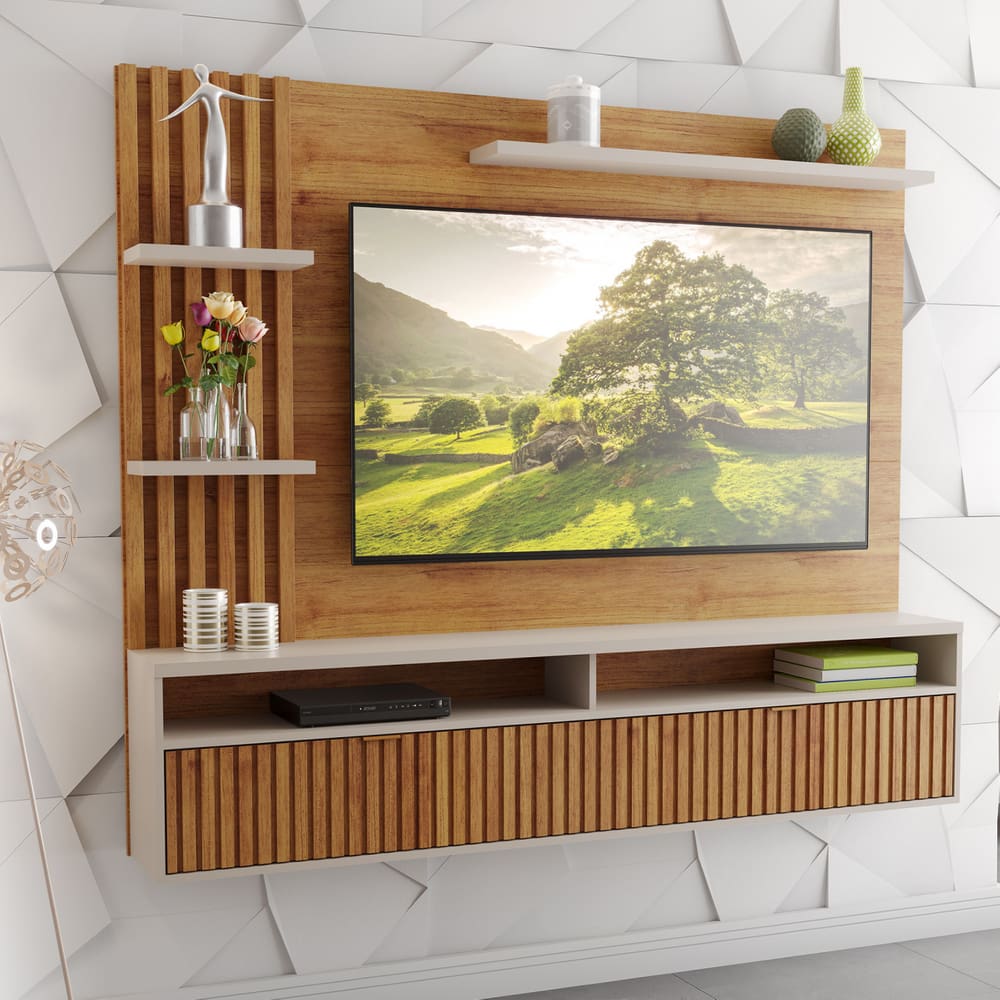 Painel para TV Até 65 Polegadas Chandon com ripado 1 Porta 3 Prateleiras Cobre/Off White - Casa Giulia