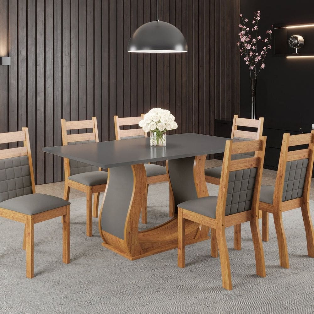 Mesa de Jantar Retangular 160x80cm com 6 Cadeiras Sicilia Mel/ Cinza Brilho/ Grafite