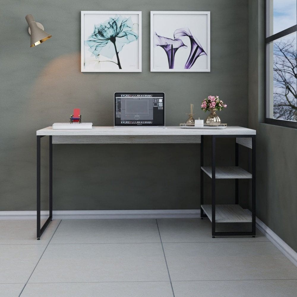 Escrivaninha com Estante Baixa Estilo Industrial 150cm com 02 Prateleiras Dynamica Yescasa Snow / Est.Preta