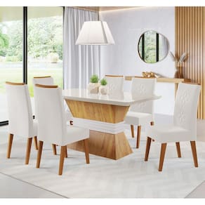 Mesa de Jantar Retangular Hermione Com 6 Cadeiras Flora em Madeira Maciça Cobre/Off White/Marfim - Casa Giulia