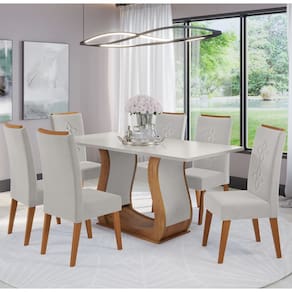 Mesa de Jantar Retangular Harley Com 6 Cadeiras Flora em Madeira Maciça Cobre/Blonde/Marfim - Casa Giulia