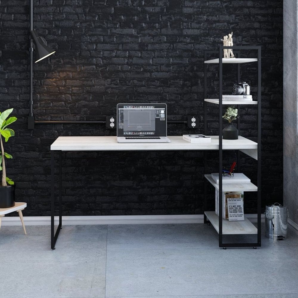 Escrivaninha com Estante Alta Estilo Industrial 150cm com 04 Prateleiras Dynamica Yescasa Snow /Preto
