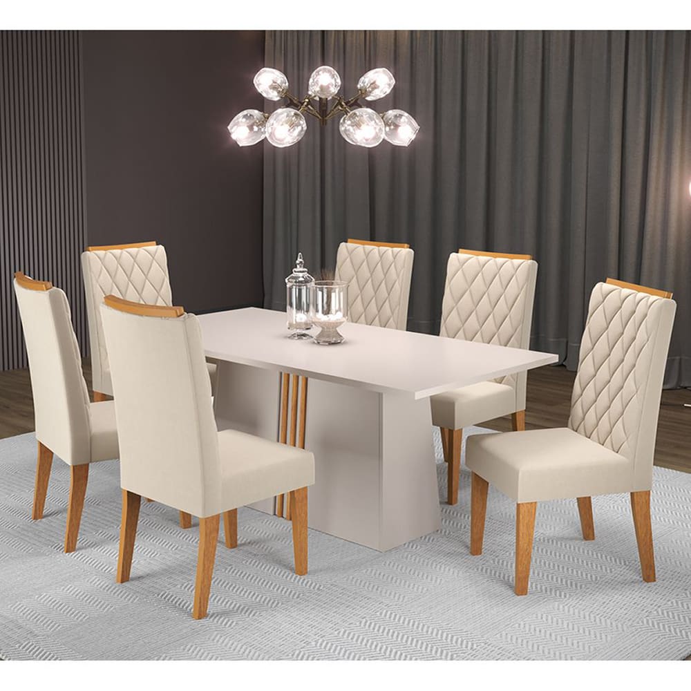 Mesa de Jantar Retangular Dreams Com 6 Cadeiras Iza Off White/Blonde/Bege - Casa Giulia
