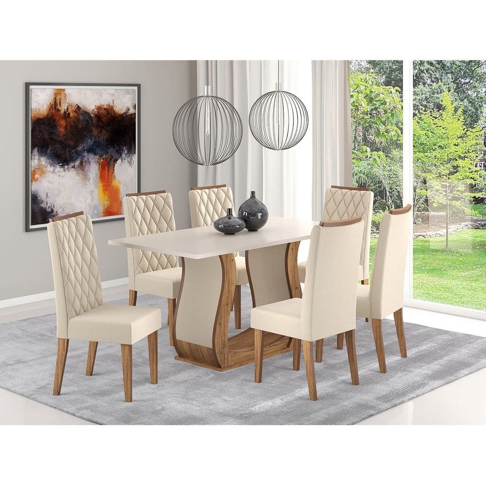 Mesa de Jantar Retangular Flora Com 6 Cadeiras Iza Imbuia/Blonde/Bege - Casa Giulia