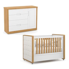 Berço Americano com Capitonê New Boucle e Cômoda Infantil Tutto New Freijó Branco Acetinado - Matic