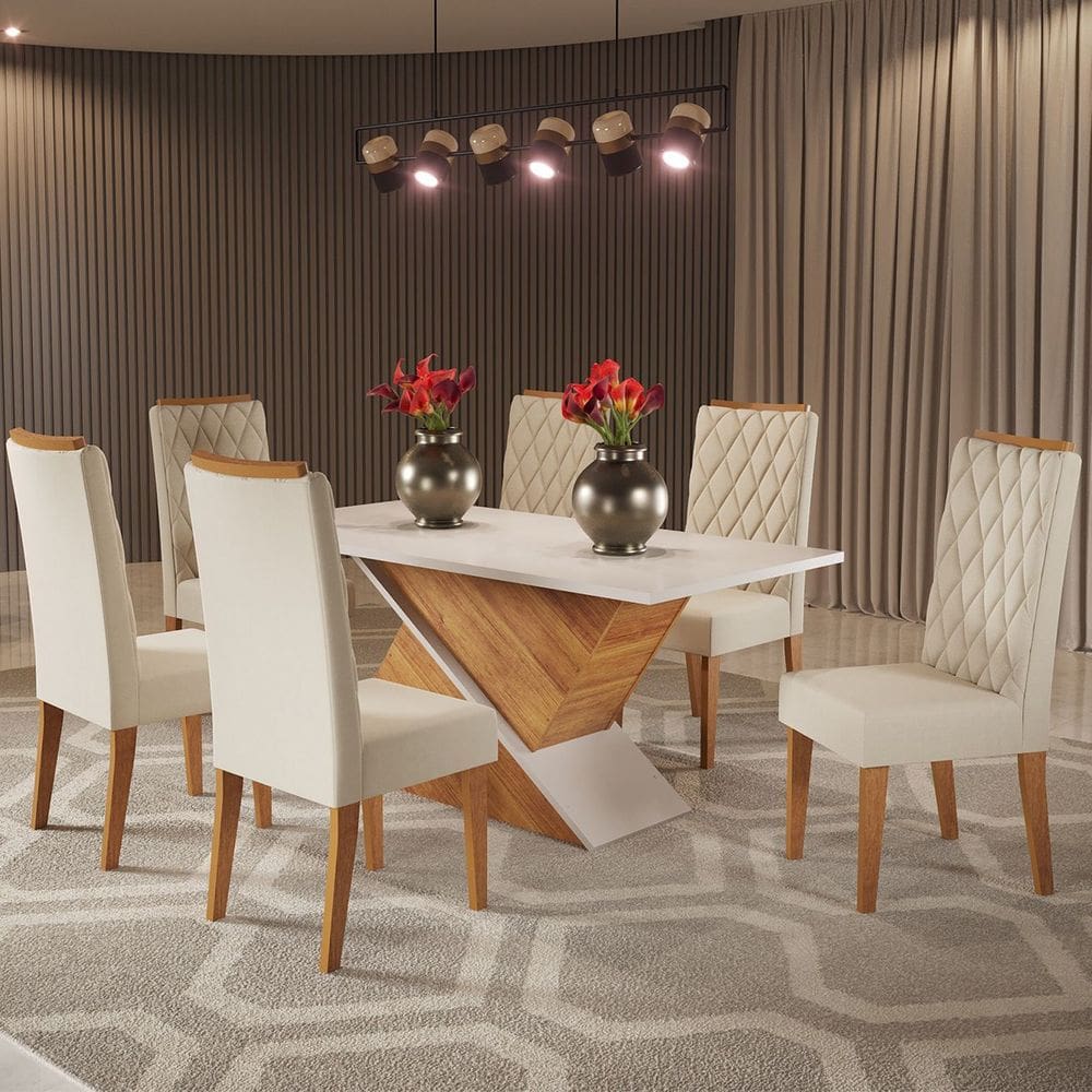 Mesa de Jantar Retangular Aike com 6 Cadeiras Iza Cobre/Blonde/Bege - Casa Giulia