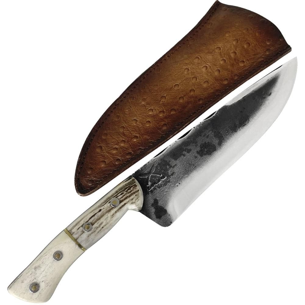 Faca Picanheira 9` Brut Forge Aço Carbono 1070 5mm Cabo Chifre de Cervo e Osso com Bainha Zanline