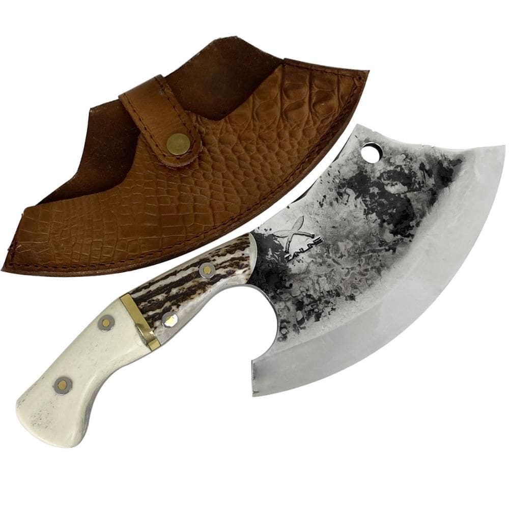 Cutelo Vikings Brut Forge 7` Aço Carbono 1070 5mm Cabo de Chifre e Osso com Bainha de Couro Zanline