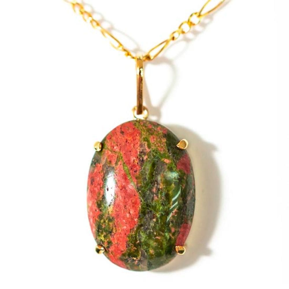 Colar Unakita Cabochão Oval Pedra Natural Garra Prata 950