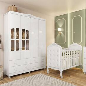 Quarto de Bebê Berço com Capitonê e Guarda Roupa com Janela Maya Clássico Espresso Móveis Branco Brilho/Branco