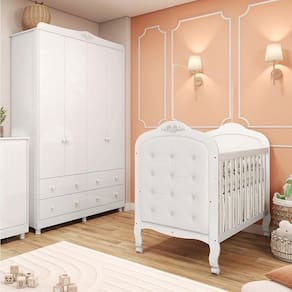 Quarto de Bebê Berço com Capitonê e Guarda Roupa 4 Portas Maya Clássico Espresso Móveis Branco Brilho/Branco