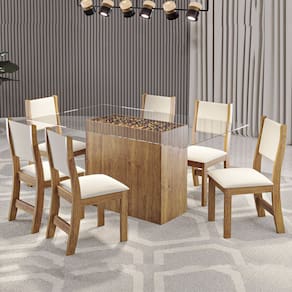 Mesa de Jantar Retangular Kalu Com 6 Cadeiras Sol Cobre/Bege - Casa Giulia