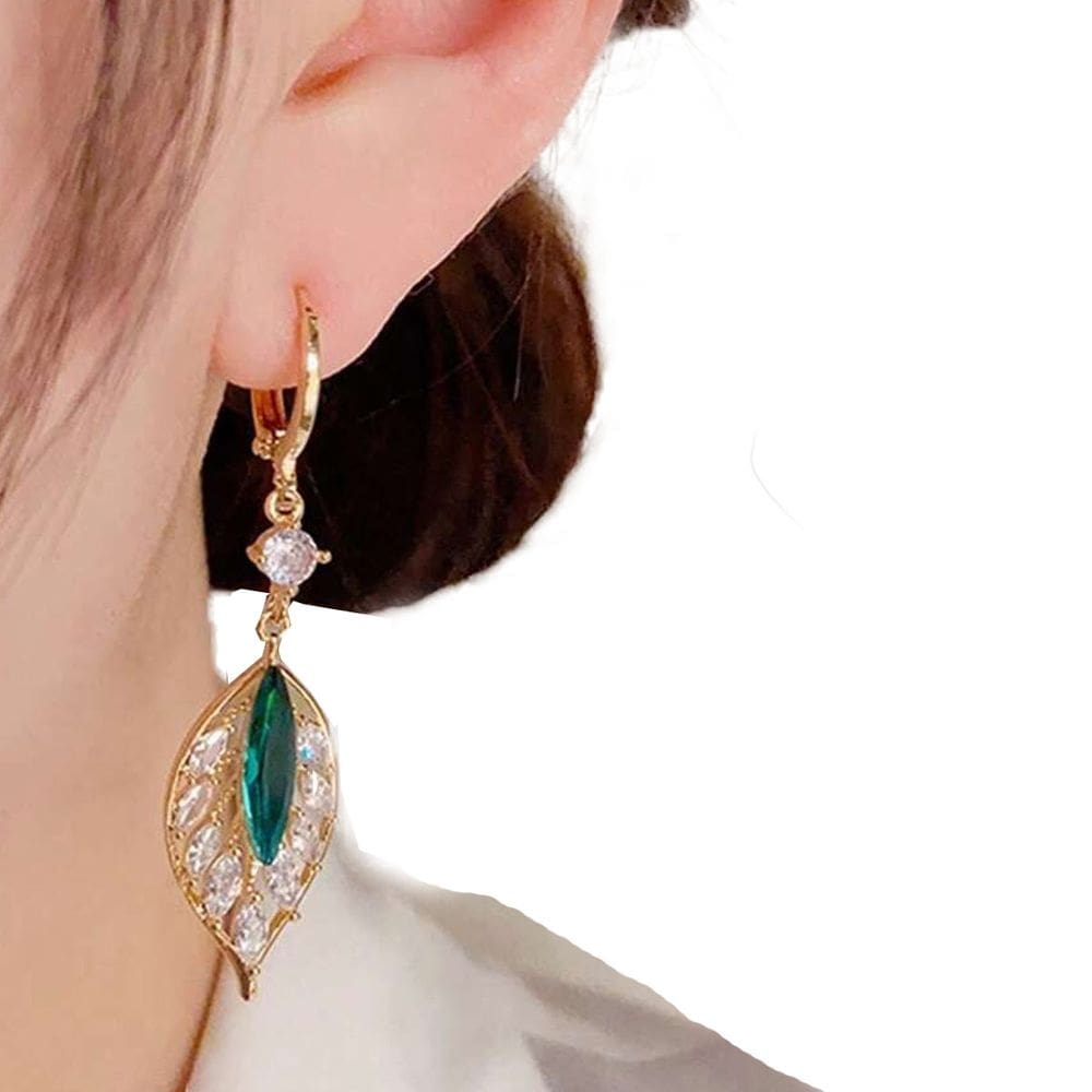 Brincos Femininos Longo Folha Strass Esmeraldas Festas