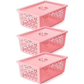 Kit 3 Cestos Organizadores Empilháveis com Tampa Caixa Organizadora Plástica Rosa