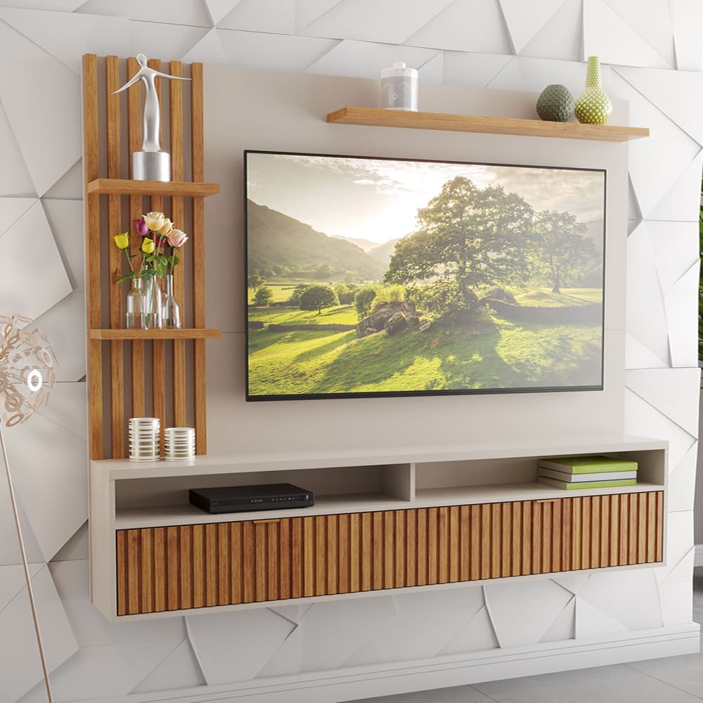 Painel para TV Até 65 Polegadas Chandon com ripado 1 Porta 3 Prateleiras Off White/Cobre - Casa Giulia