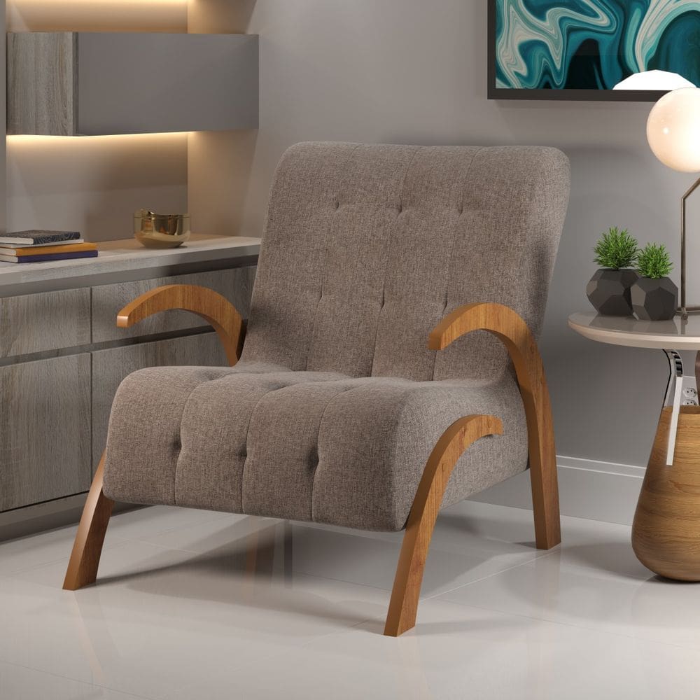 PoltronaPés de MDF Malvie Cobre/Linho Kaki - Casa Giulia