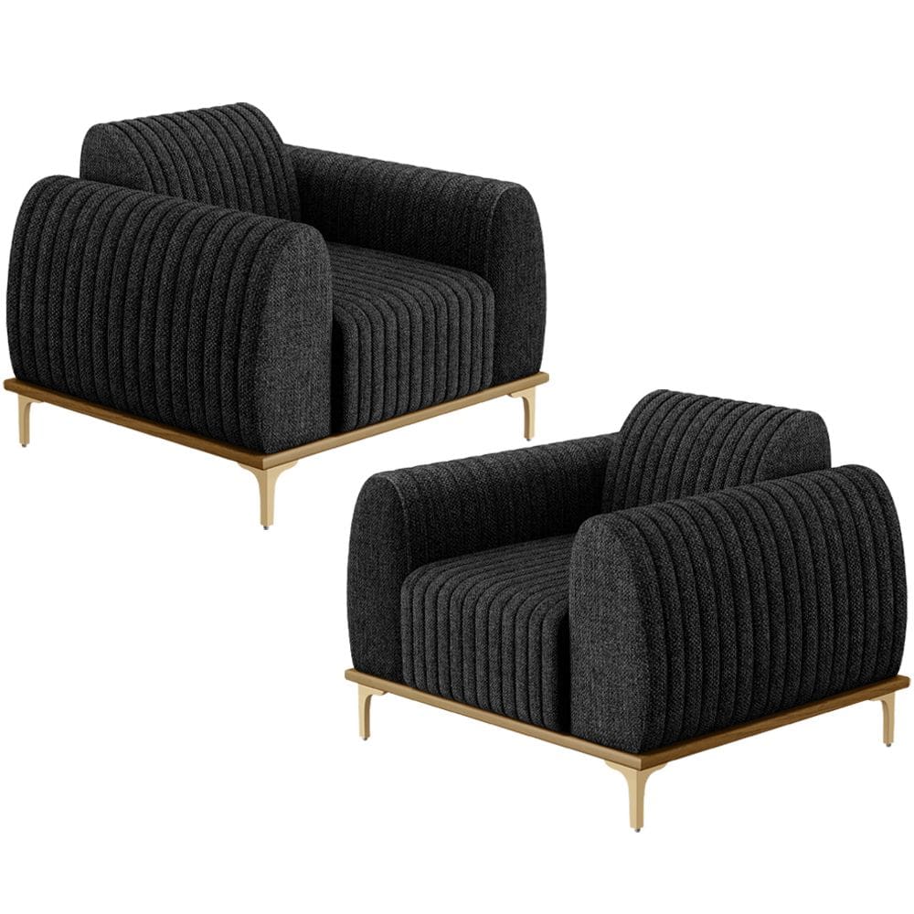 Kit 02 Poltronas Decorativas Base De Madeira e Pés D`Ouro Molino D02 Linho Chumbo C-465 - Lyam Decor