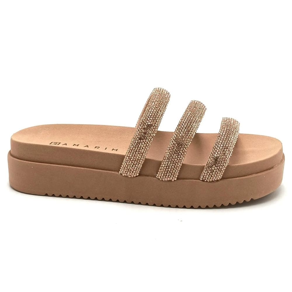 Papete Ramarim Plataforma Três Tiras Strass Feminina Nude
