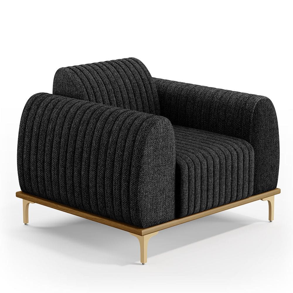 Poltrona Decorativa Base De Madeira Pés Metalizado D`Ouro Molino D02 Linho Chumbo C-465 - Lyam Decor