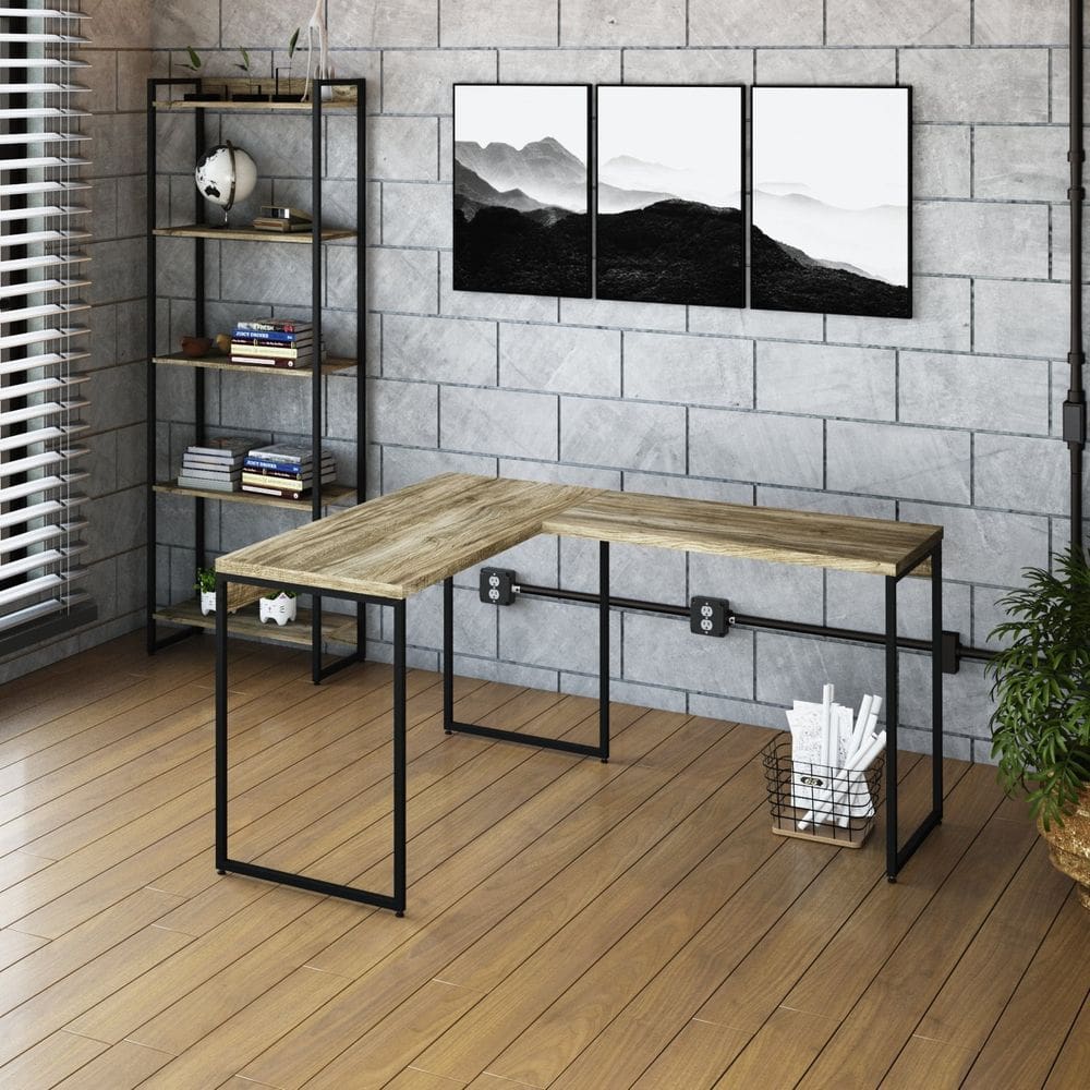 Escrivaninha L Estilo Industrial 120x140cm Dynamica Yescasa Carvalho /Preto