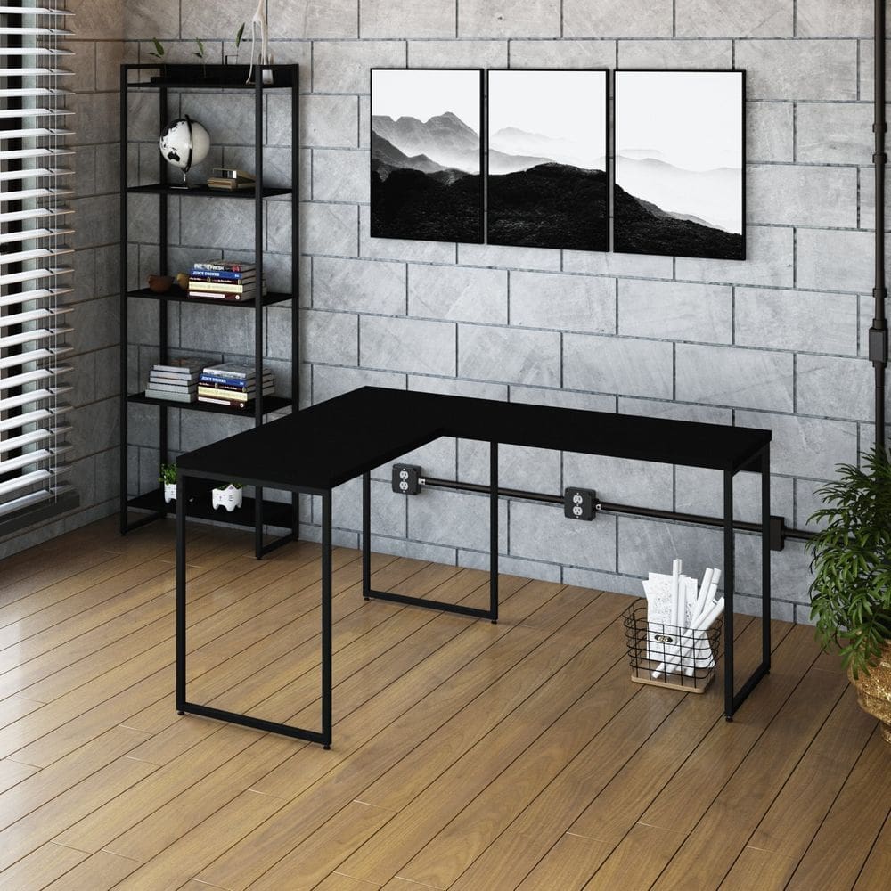 Escrivaninha L Estilo Industrial 120x140cm Dynamica Yescasa Preto Ônix / Preto