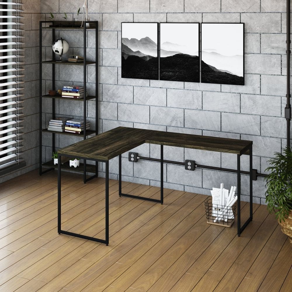 Escrivaninha L Estilo Industrial 120x140cm Dynamica Yescasa Carvalho Dark / Preto