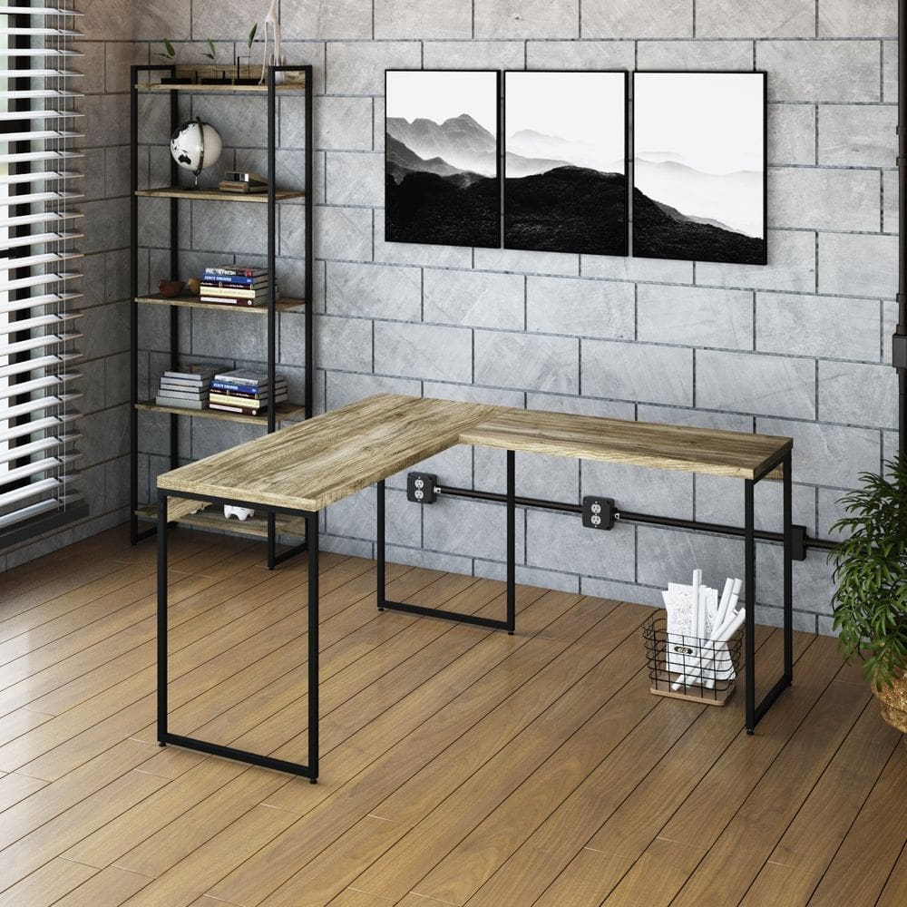 Escrivaninha L Estilo Industrial 135x140cm Dynamica Yescasa Carvalho / Preto