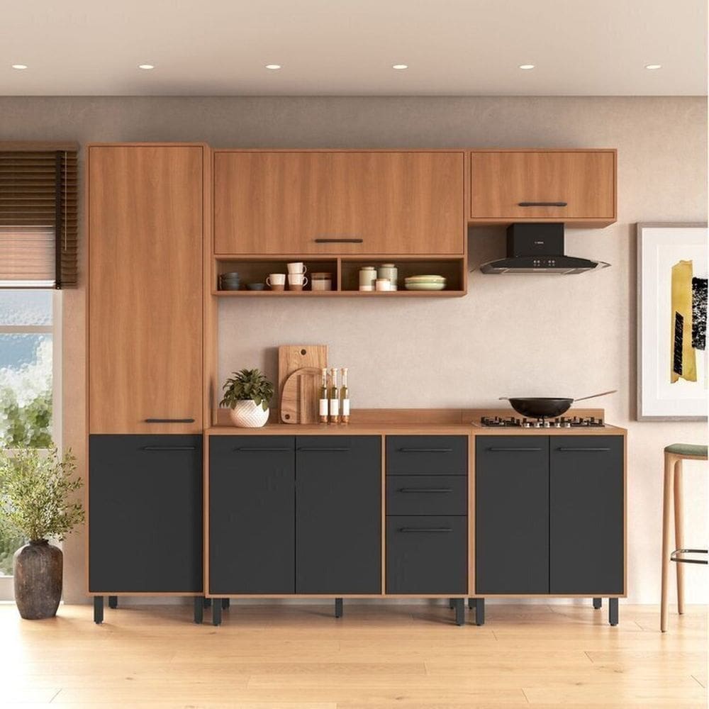 Cozinha Modulada Havana 5 Peças com Tampo e Paneleiro 09 Portas e 2 Gavetas Rovere/Grafite