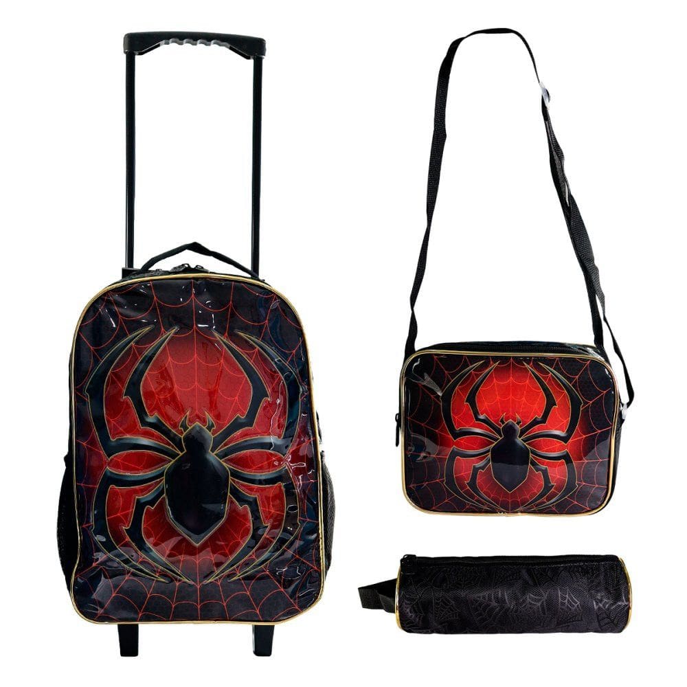 Kit Mochila Infantil Escolar com Rodinha Lancheira Tèrmica e Estojo 3 peças De Aranha Vermelho e Preto
