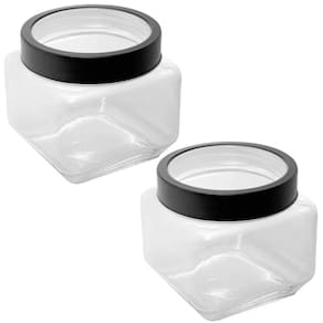 2 Potes de Vidro 800ml Tampa Metal Preta Gastro Lyor Porta Mantimentos Alimentos Quadrado