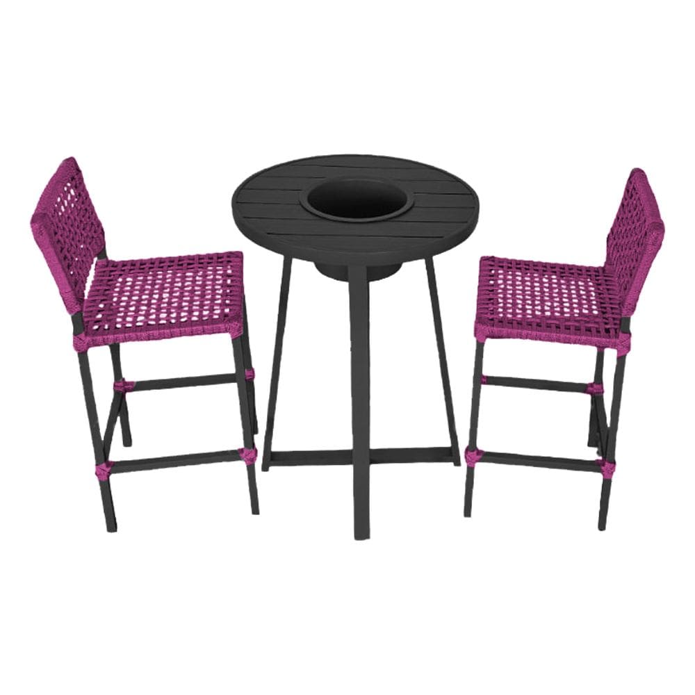 Conjunto Bistrô Champanheira Tampo Ripado e 2 Banquetas França Corda Náutica Rosa